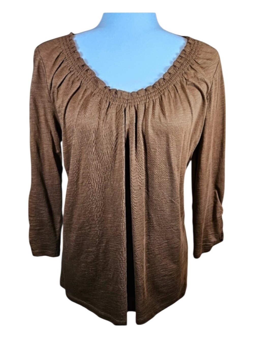 Relativity Brown Knit Top S Small 3/4 Ruched Sleeve Cotton Modal Pleated Scoop